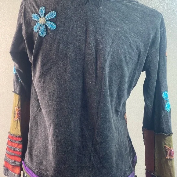 Rising International Boho Patchwork Long Sleeve Top Cotton Nepal M Distressed - Picture 5 of 10